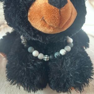 Handmade M Monochrome Beaded Dog Collar with Plaid Accents, Size 16”